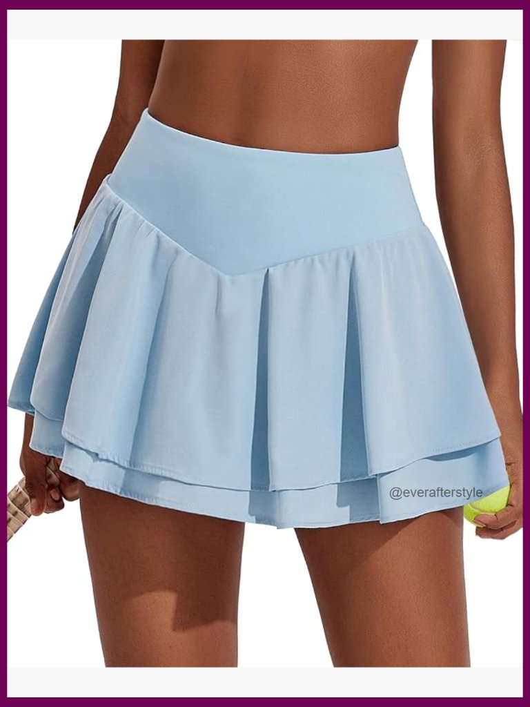 Pleated Tennis Skirt Double Ruffle Golf Skort Tummy Control 3 Pockets Athletic
